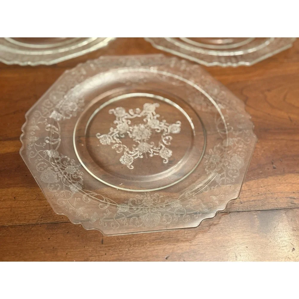 Vintage Hazel Atlas Florentine No 1 Clear Depression Glass Plates Octagon Set 3